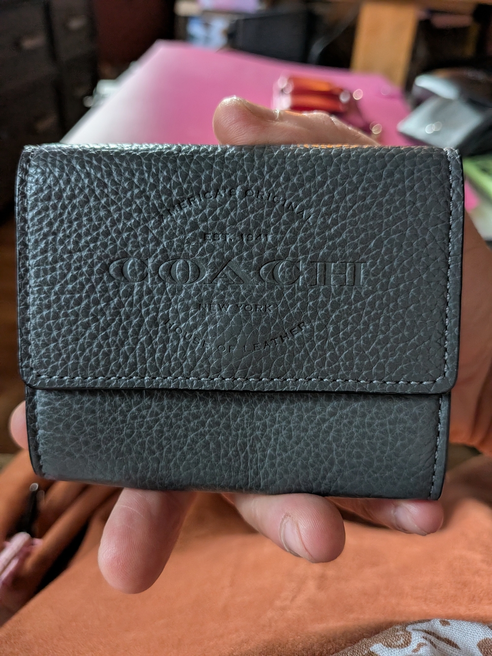 Coach Small Pebbled Leather Card & Key Wallet in Dark Gray